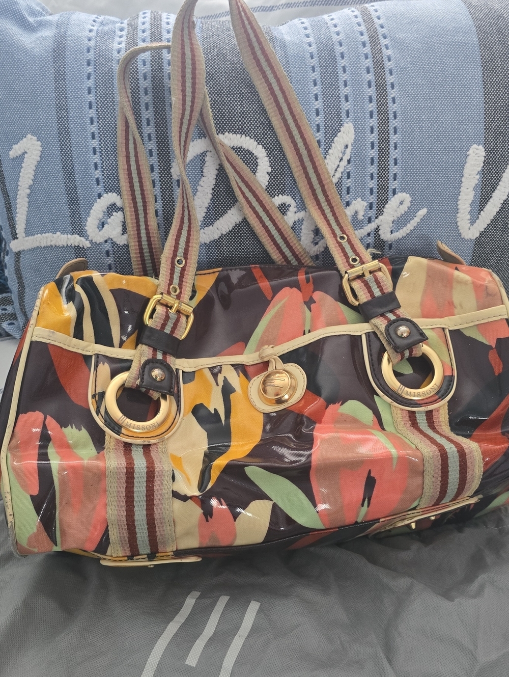 Vintage Missoni Multicolor Floral Patent Shoulder Bag with Striped Handles.